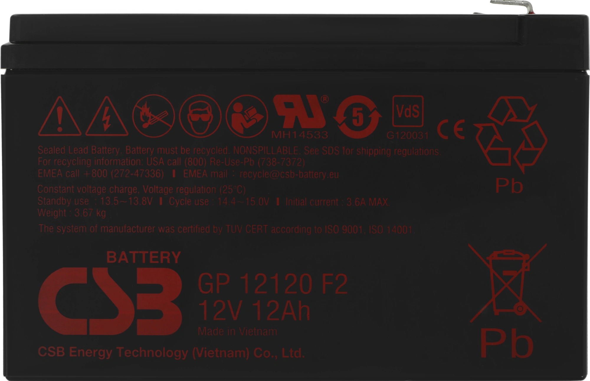 Батарея для ИБП CSB GP12120 F2 12В 12Ач — миниатюра 3