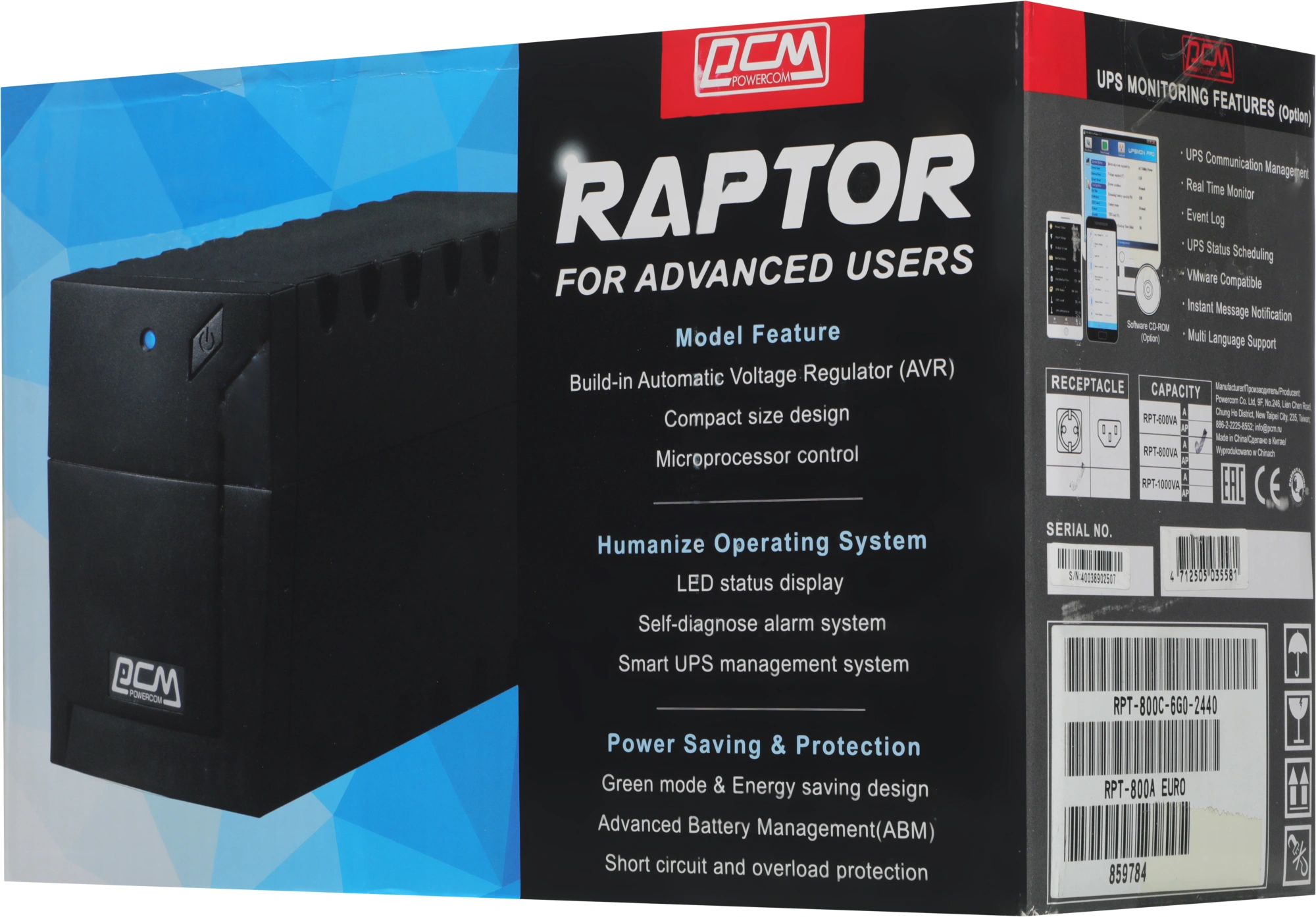 Источник бесперебойного питания Powercom Raptor RPT-800A EURO 480Вт 800ВА черный — миниатюра 4